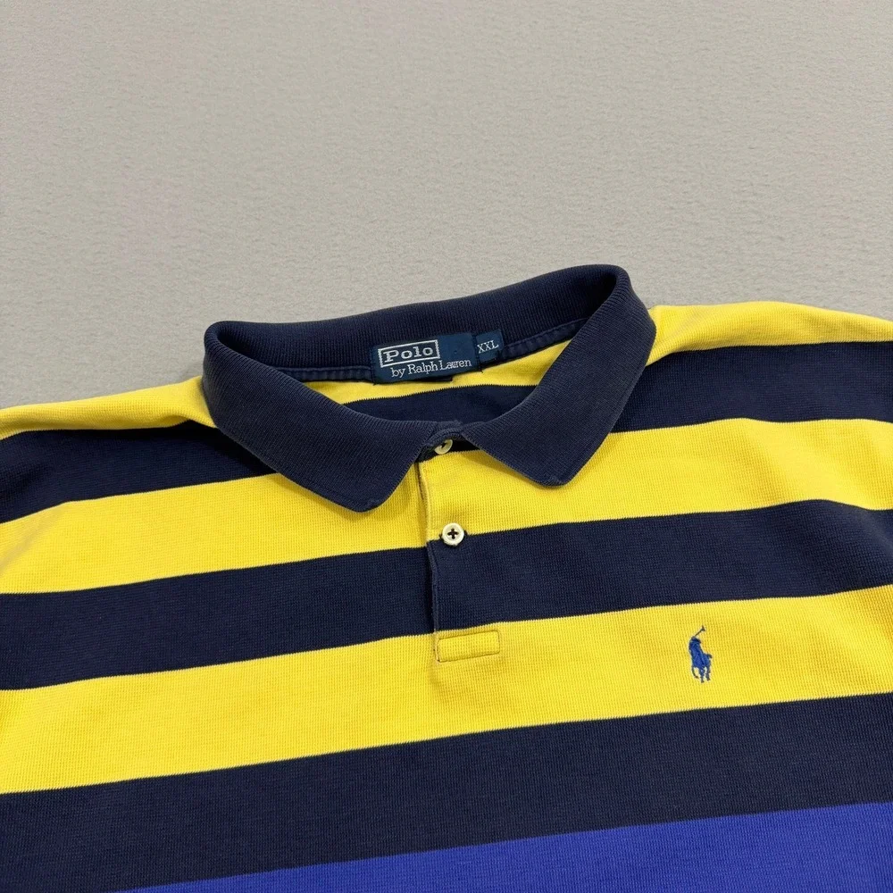 Vintage Polo Ralph Lauren Polo Men's XXL Yellow Blue Striped Short Sleeve Cotton
